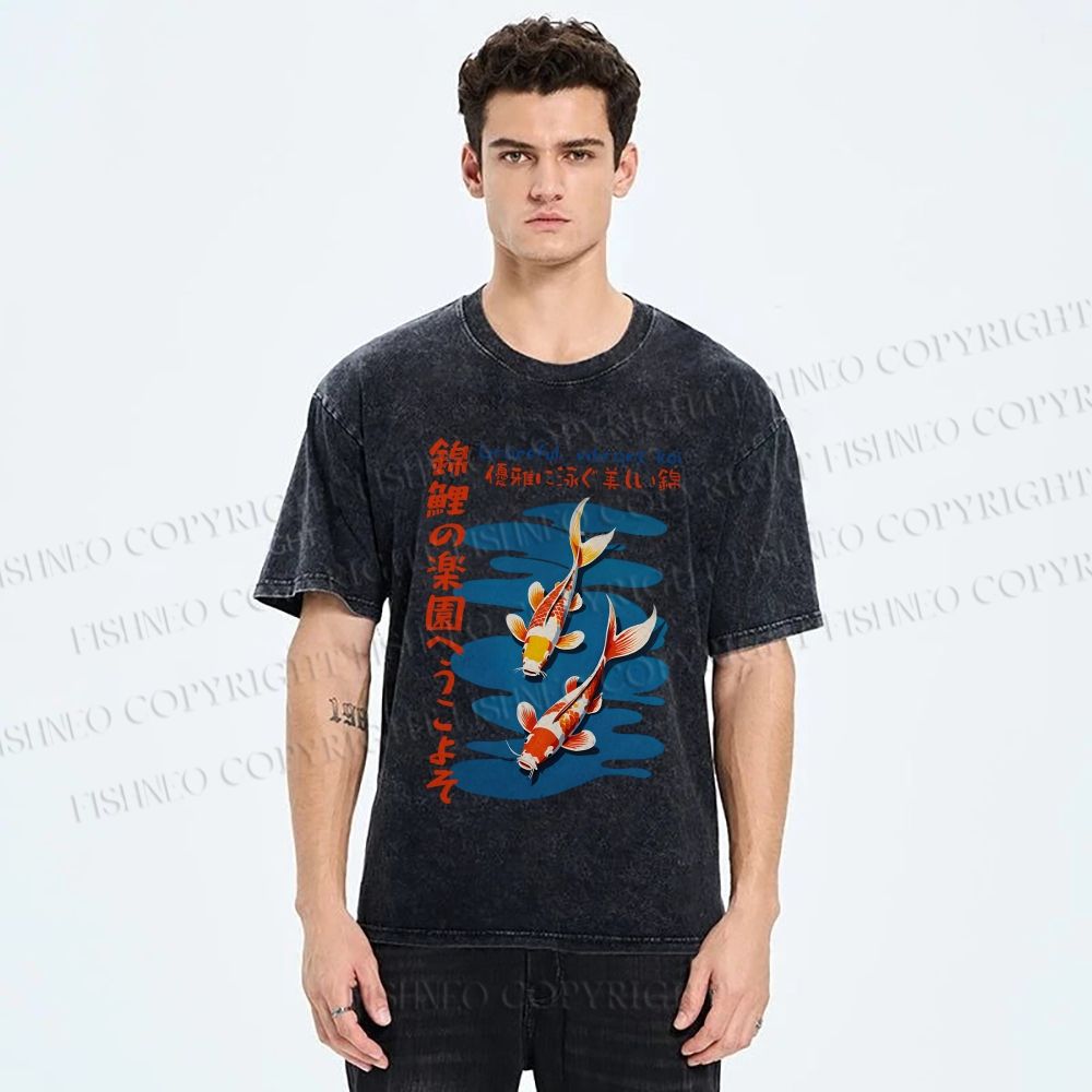Unisex Japanese Koi Fish Printed Washed Tee