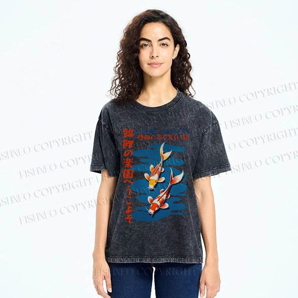 Unisex Japanese Koi Fish Printed Washed Tee