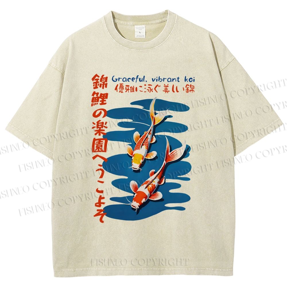 Unisex Japanese Koi Fish Printed Washed Tee