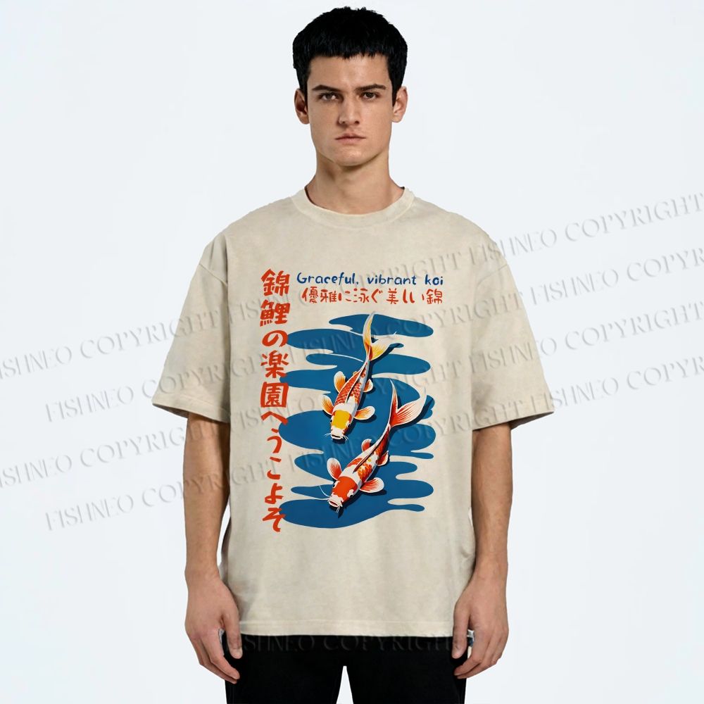 Unisex Japanese Koi Fish Printed Washed Tee