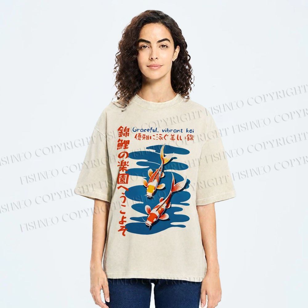 Unisex Japanese Koi Fish Printed Washed Tee