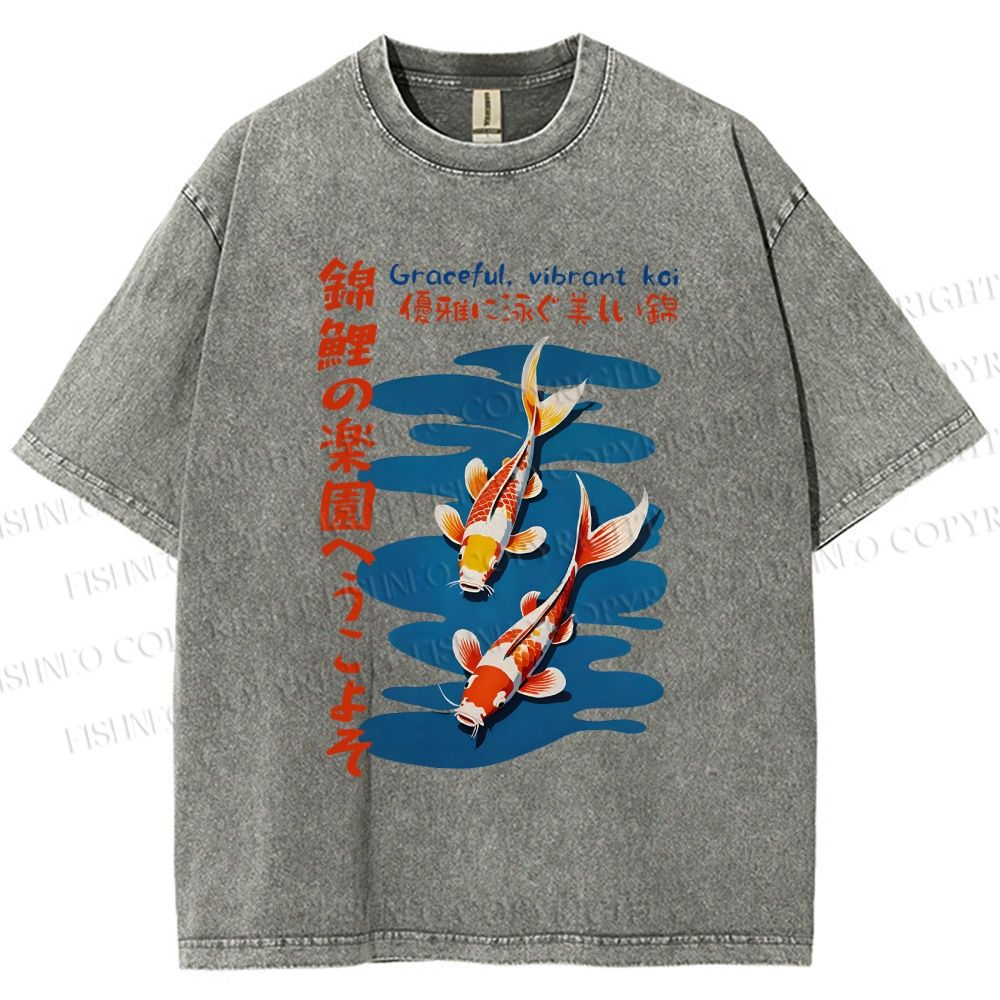 Unisex Japanese Koi Fish Printed Washed Tee