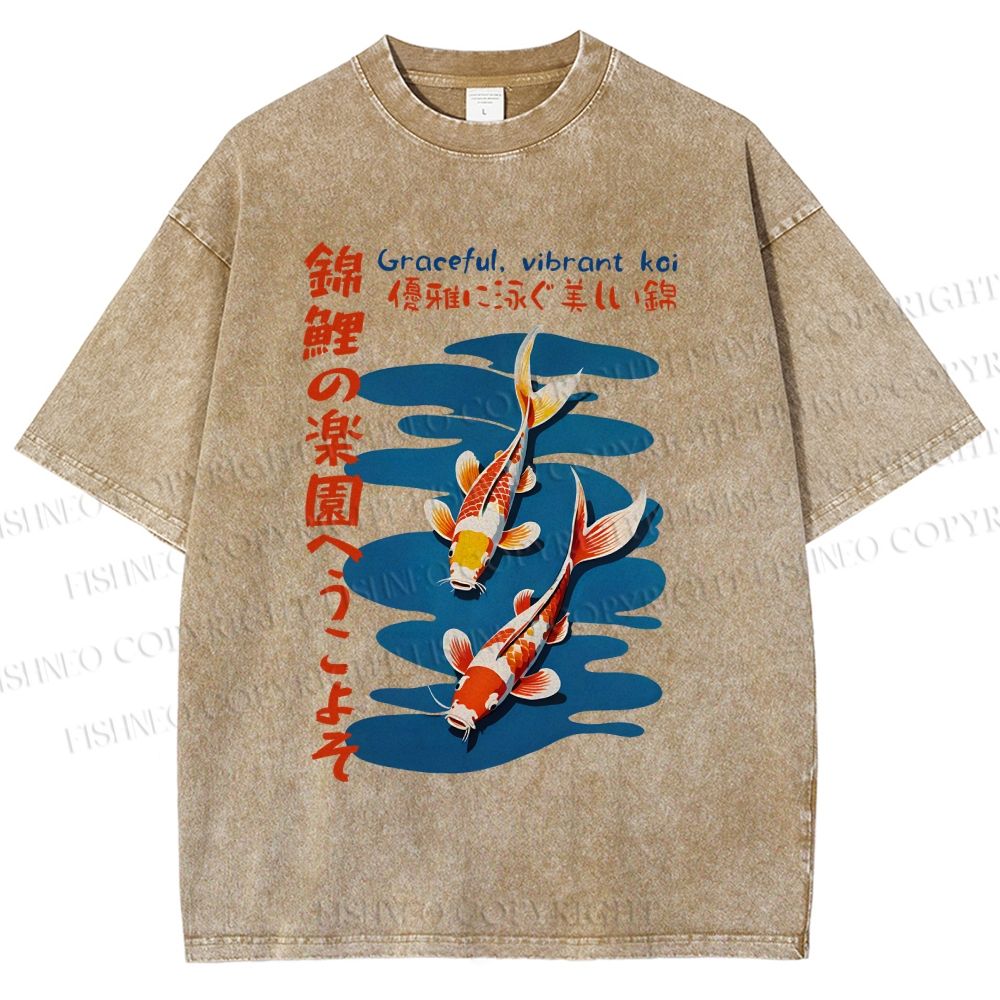 Unisex Japanese Koi Fish Printed Washed Tee