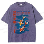 Unisex Japanese Koi Fish Printed Washed Tee