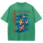 Unisex Japanese Koi Fish Printed Washed Tee
