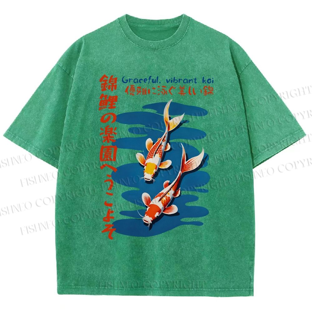 Unisex Japanese Koi Fish Printed Washed Tee