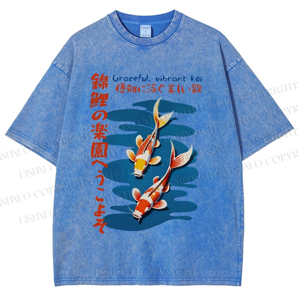 Unisex Japanese Koi Fish Printed Washed Tee