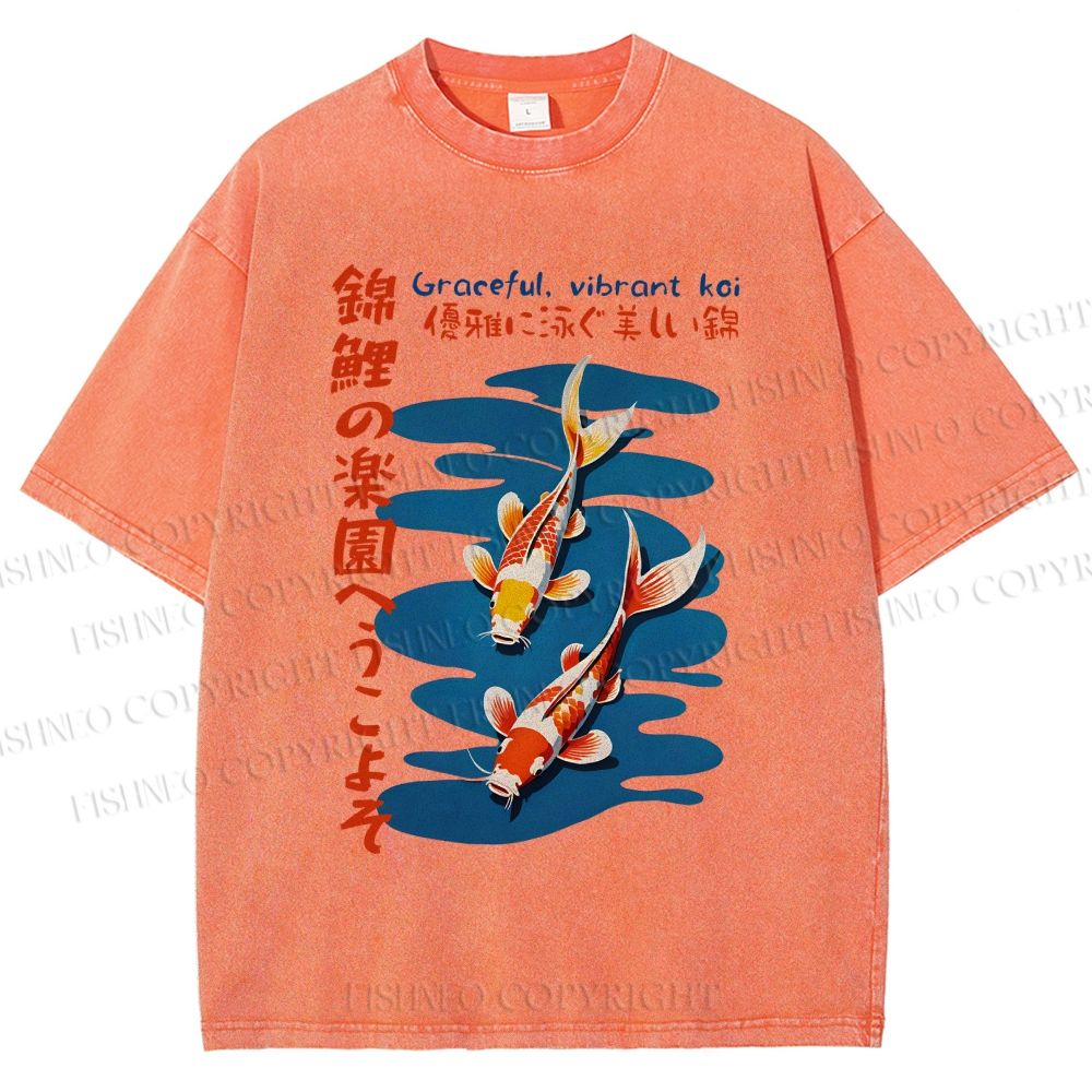 Unisex Japanese Koi Fish Printed Washed Tee