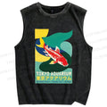 Unisex Japanese Koi Fish Printed Washed Tank Top