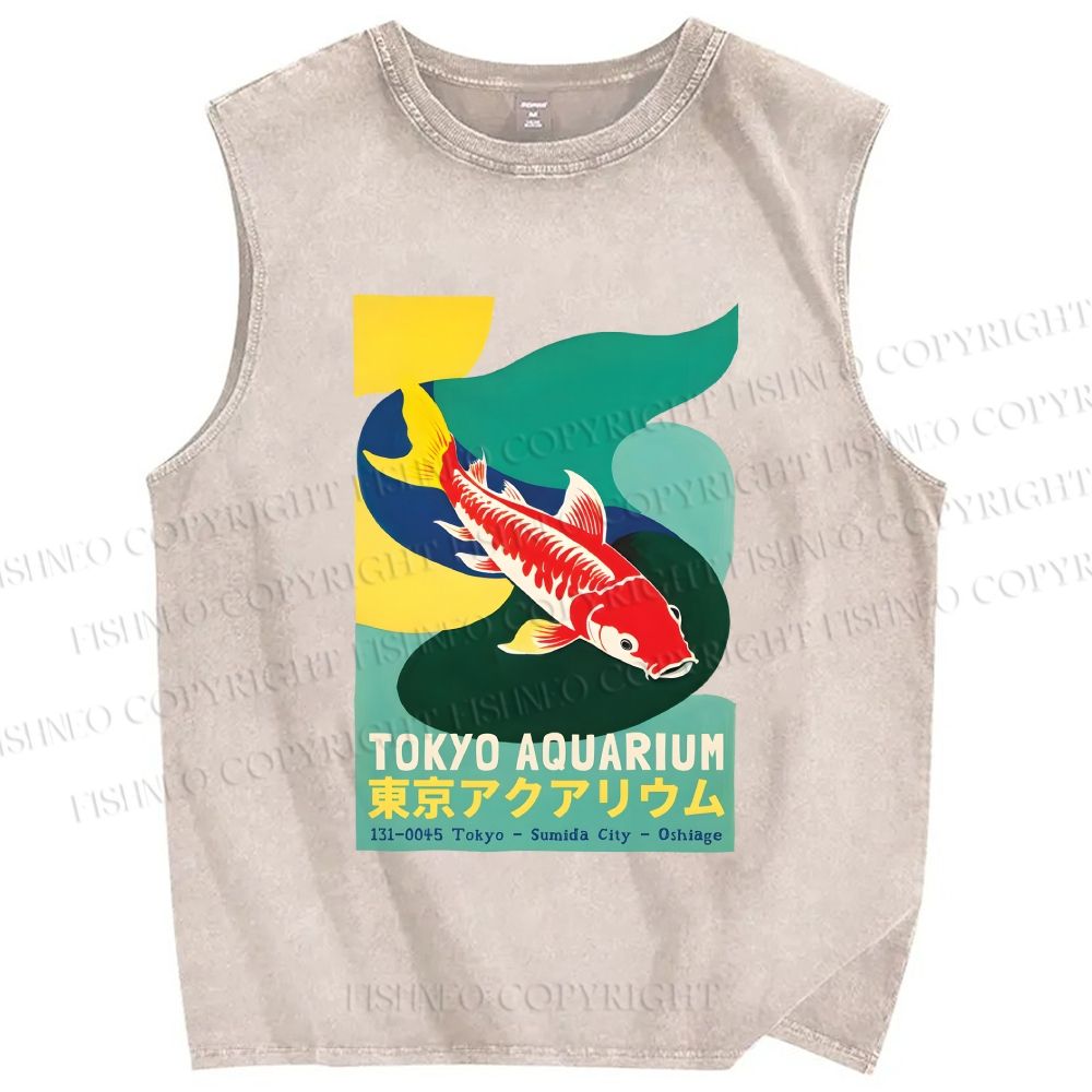 Unisex Japanese Koi Fish Printed Washed Tank Top