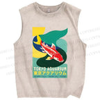 Unisex Japanese Koi Fish Printed Washed Tank Top