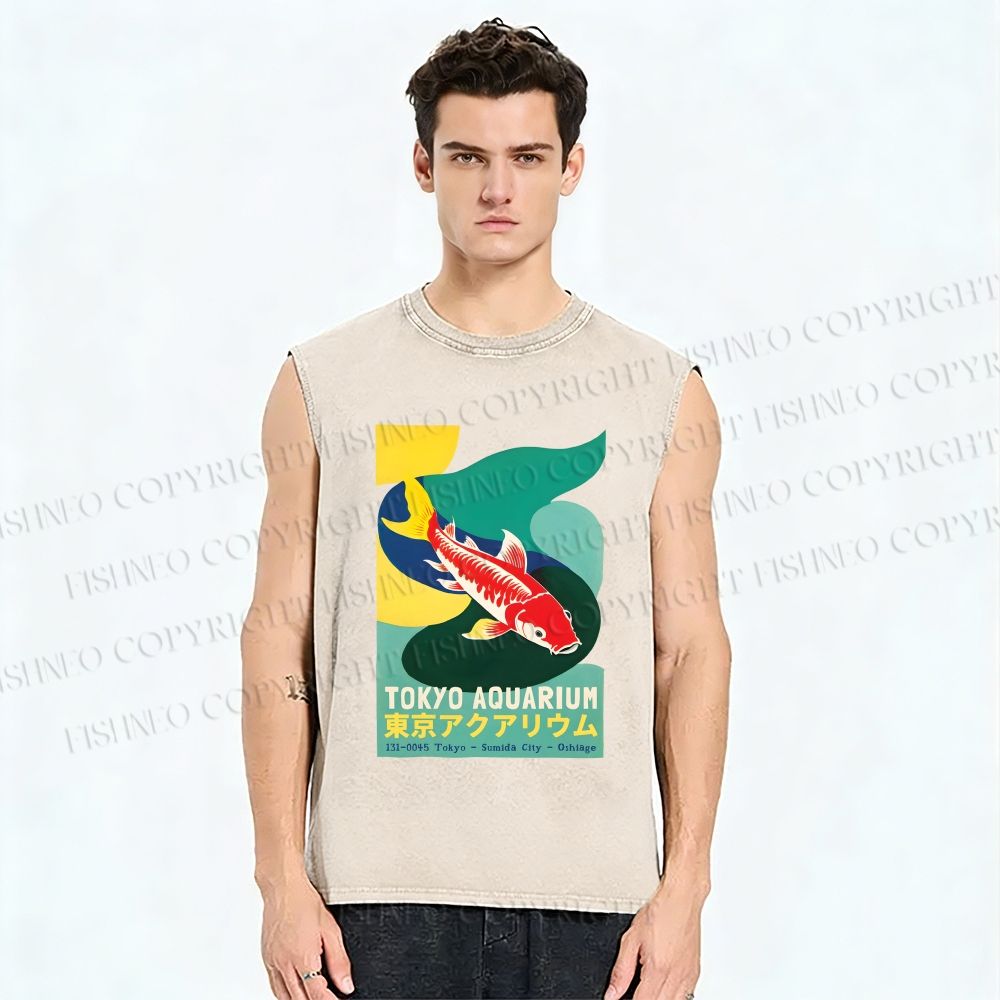 Unisex Japanese Koi Fish Printed Washed Tank Top