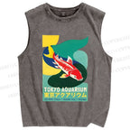 Unisex Japanese Koi Fish Printed Washed Tank Top