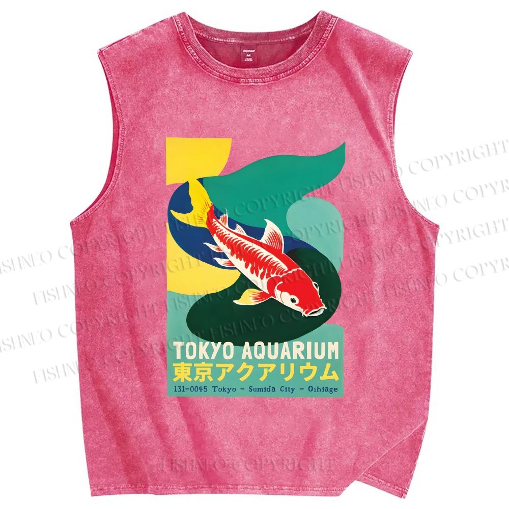 Unisex Japanese Koi Fish Printed Washed Tank Top