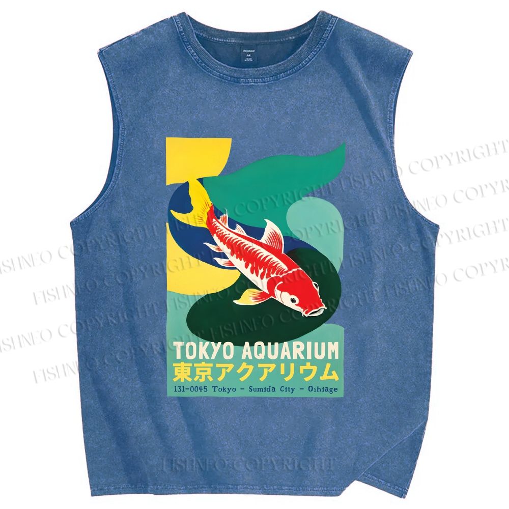 Unisex Japanese Koi Fish Printed Washed Tank Top