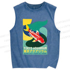 Unisex Japanese Koi Fish Printed Washed Tank Top