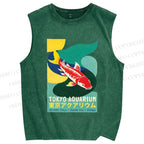 Unisex Japanese Koi Fish Printed Washed Tank Top