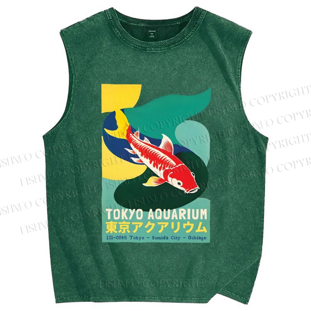 Unisex Japanese Koi Fish Printed Washed Tank Top