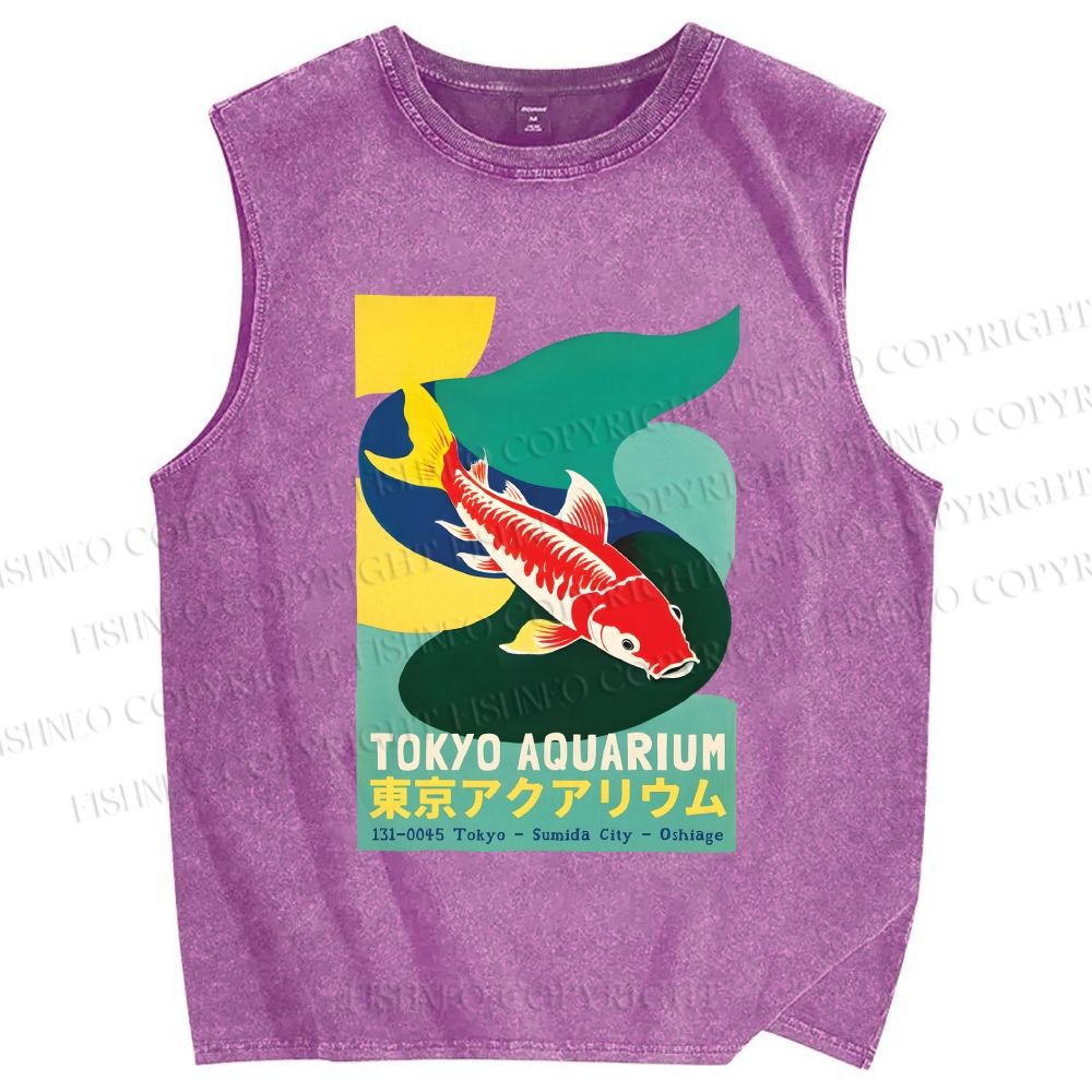 Unisex Japanese Koi Fish Printed Washed Tank Top