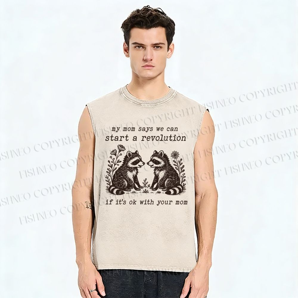 Unisex Revolution Raccoon Printed Washed Tank Top