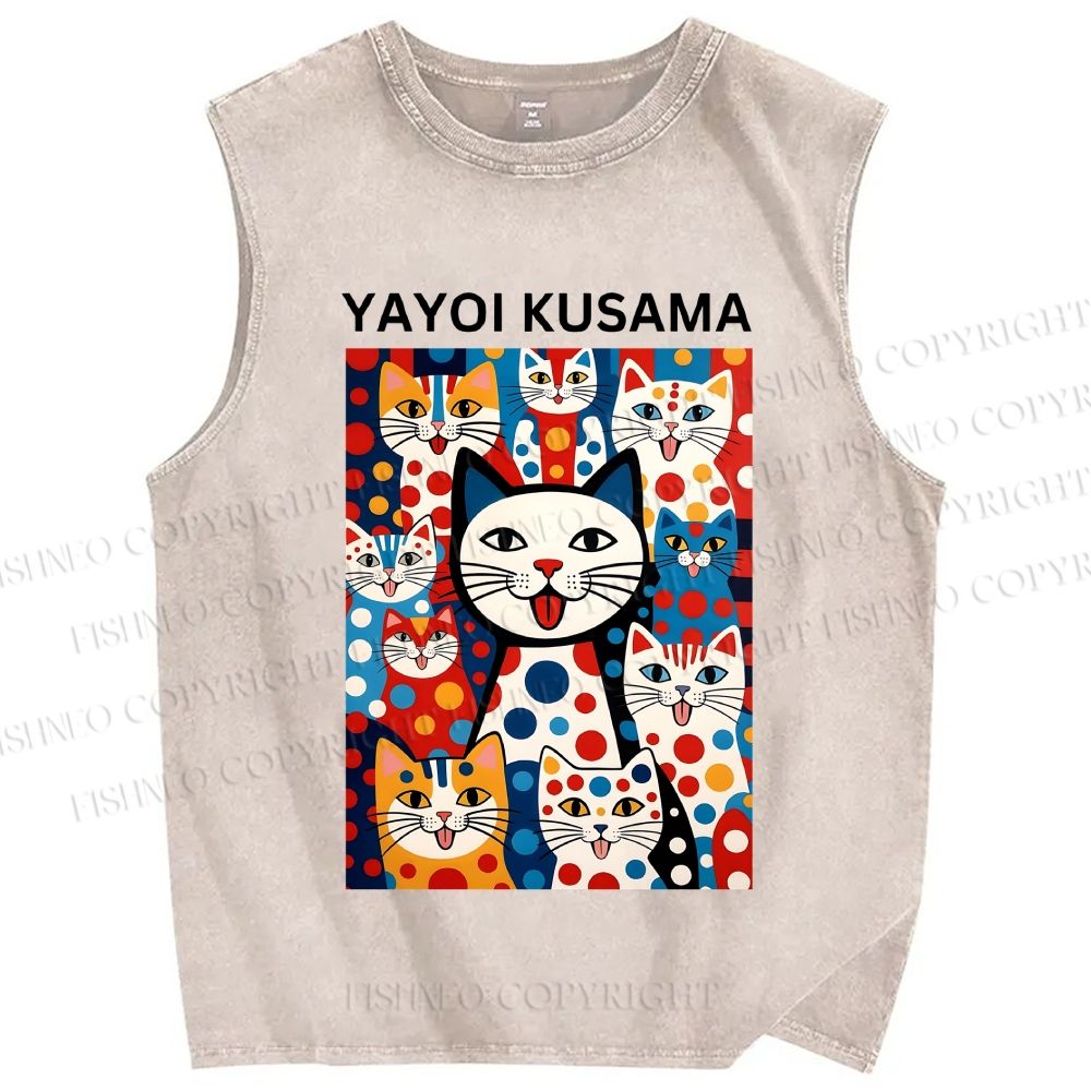 Unisex Yayoi Kusama Cat With Dots Printed Washed Tank Top