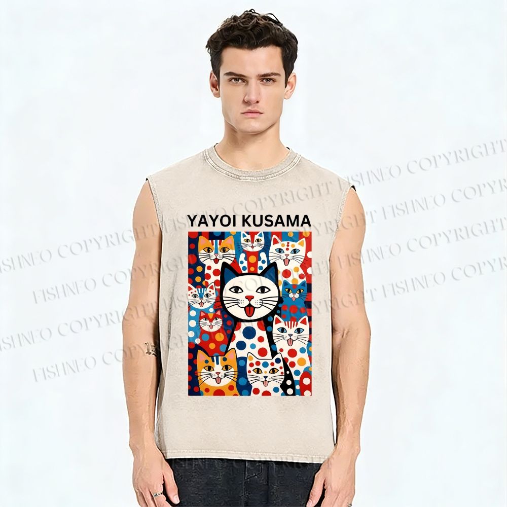 Unisex Yayoi Kusama Cat With Dots Printed Washed Tank Top