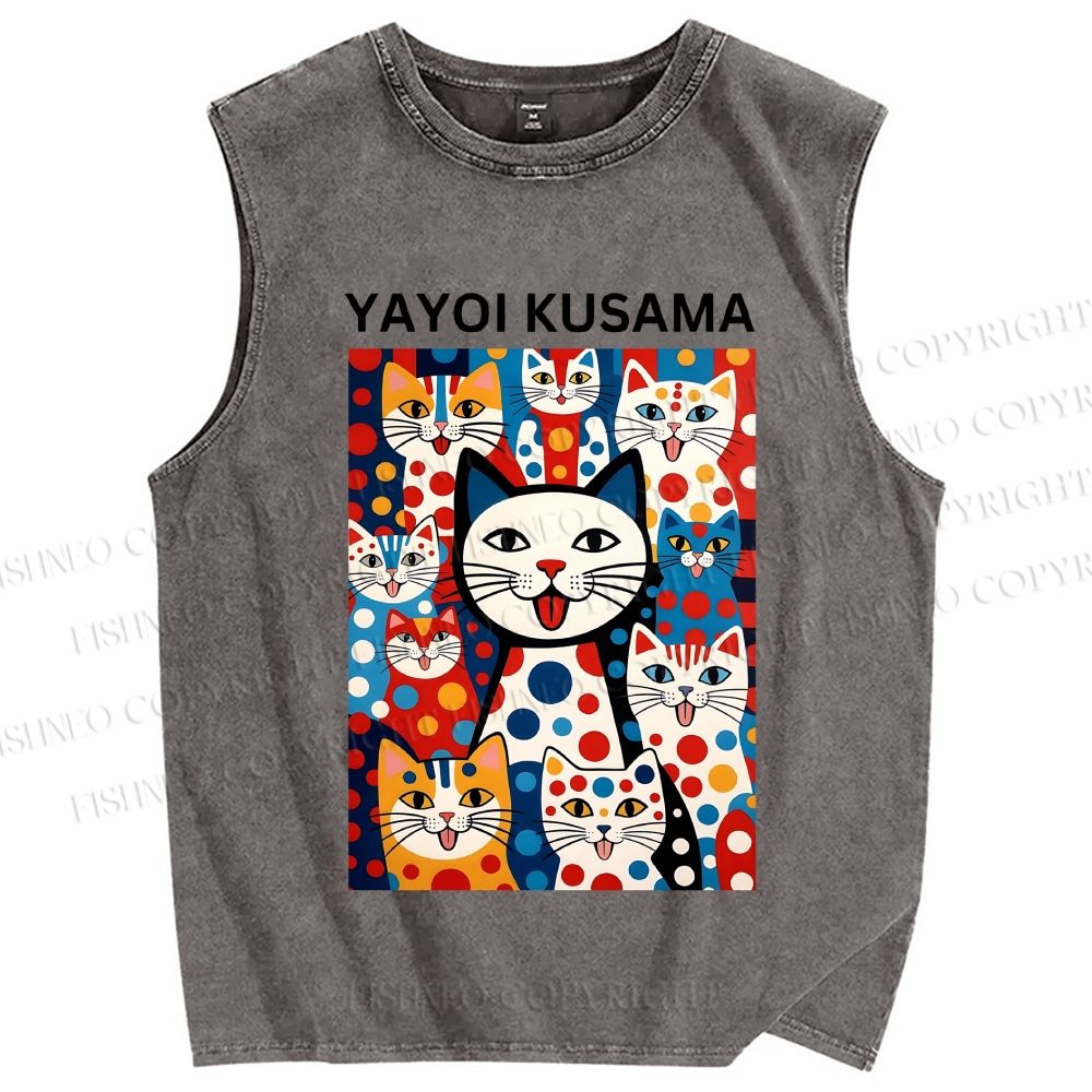 Unisex Yayoi Kusama Cat With Dots Printed Washed Tank Top
