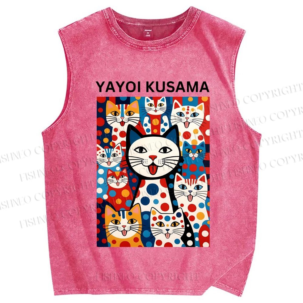 Unisex Yayoi Kusama Cat With Dots Printed Washed Tank Top