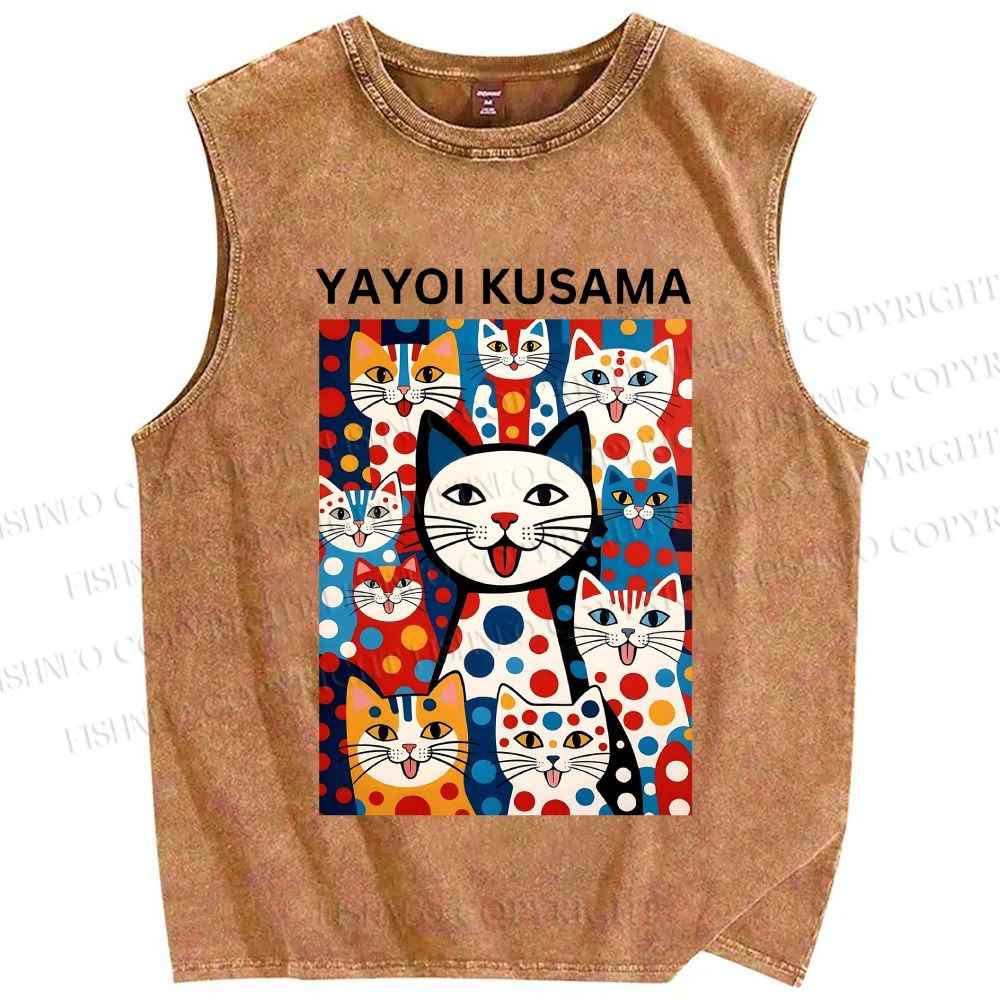 Unisex Yayoi Kusama Cat With Dots Printed Washed Tank Top