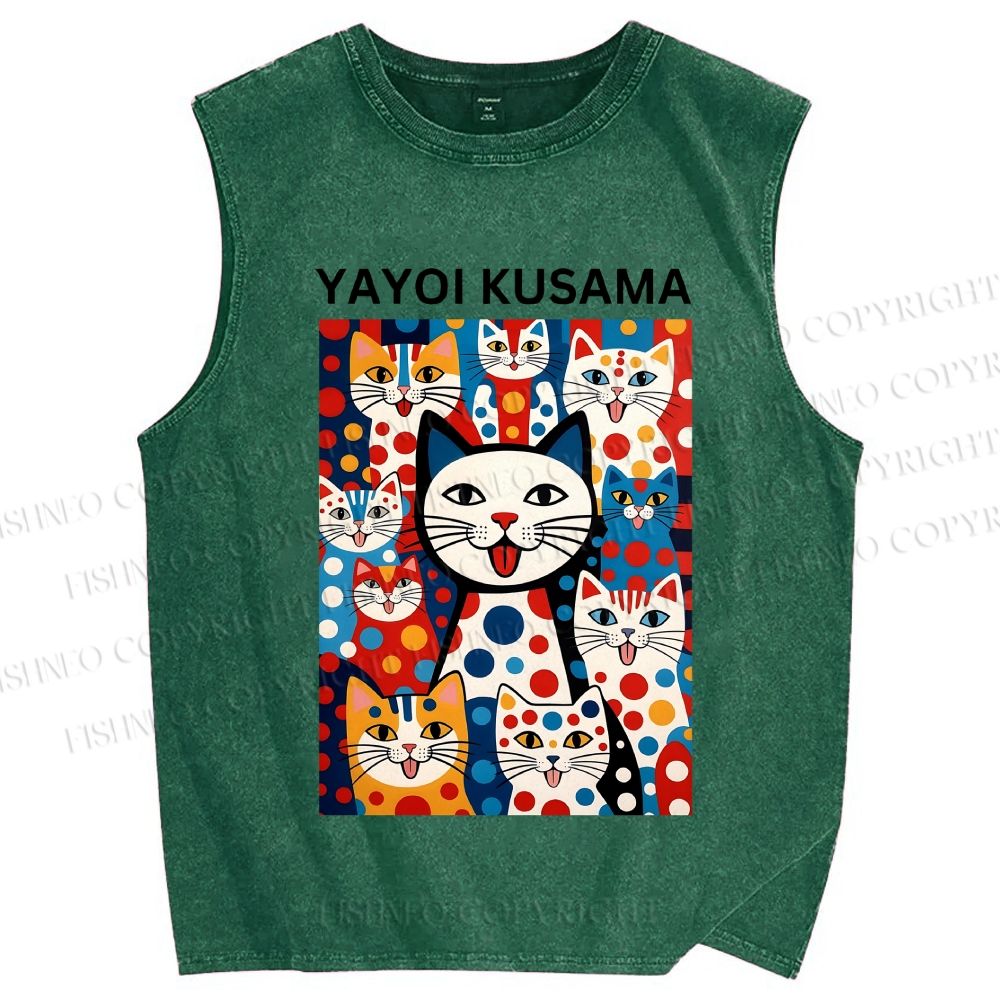 Unisex Yayoi Kusama Cat With Dots Printed Washed Tank Top