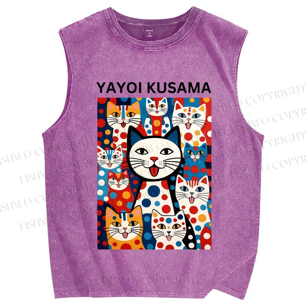 Unisex Yayoi Kusama Cat With Dots Printed Washed Tank Top