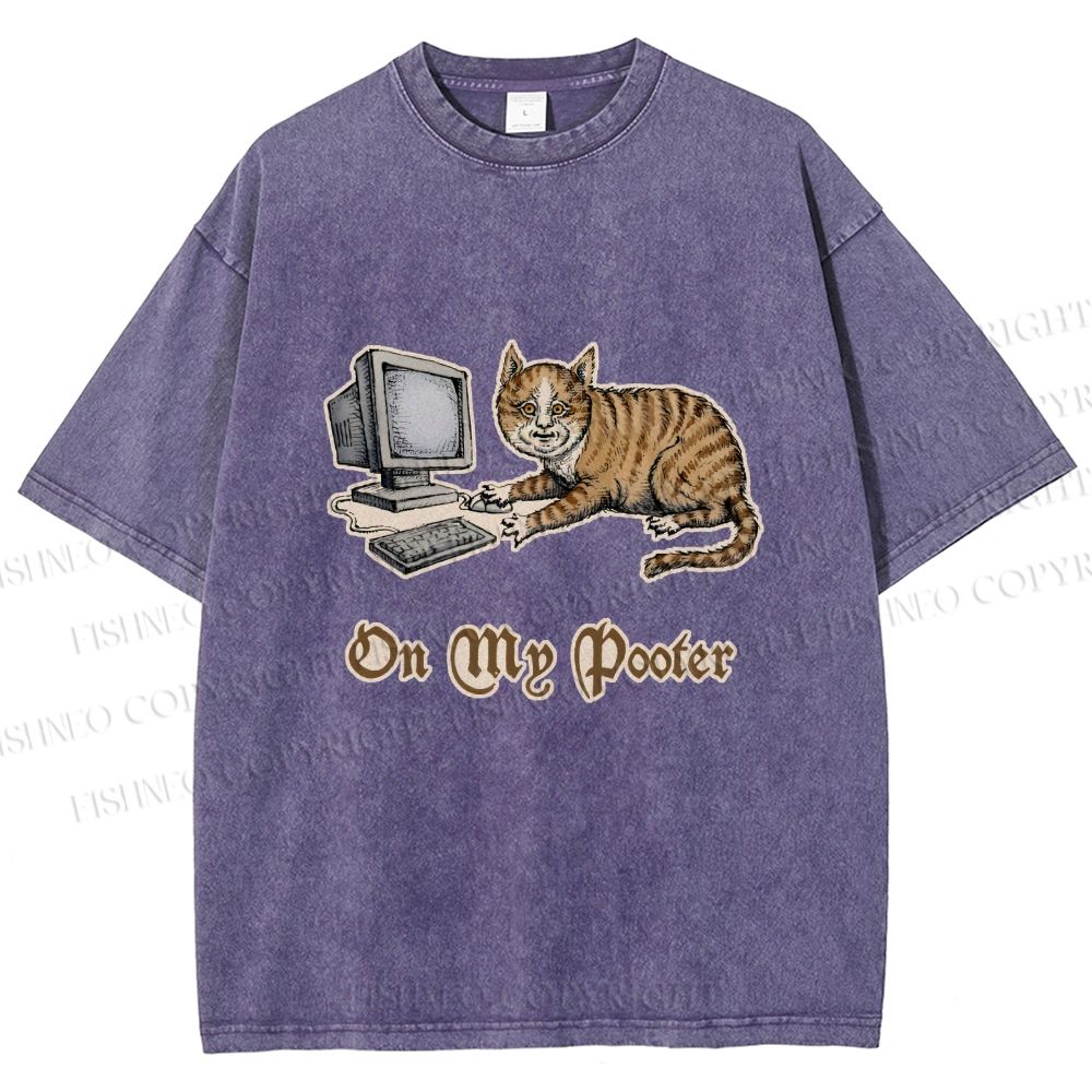 Unisex Cat On Pooter Printed Washed Tee