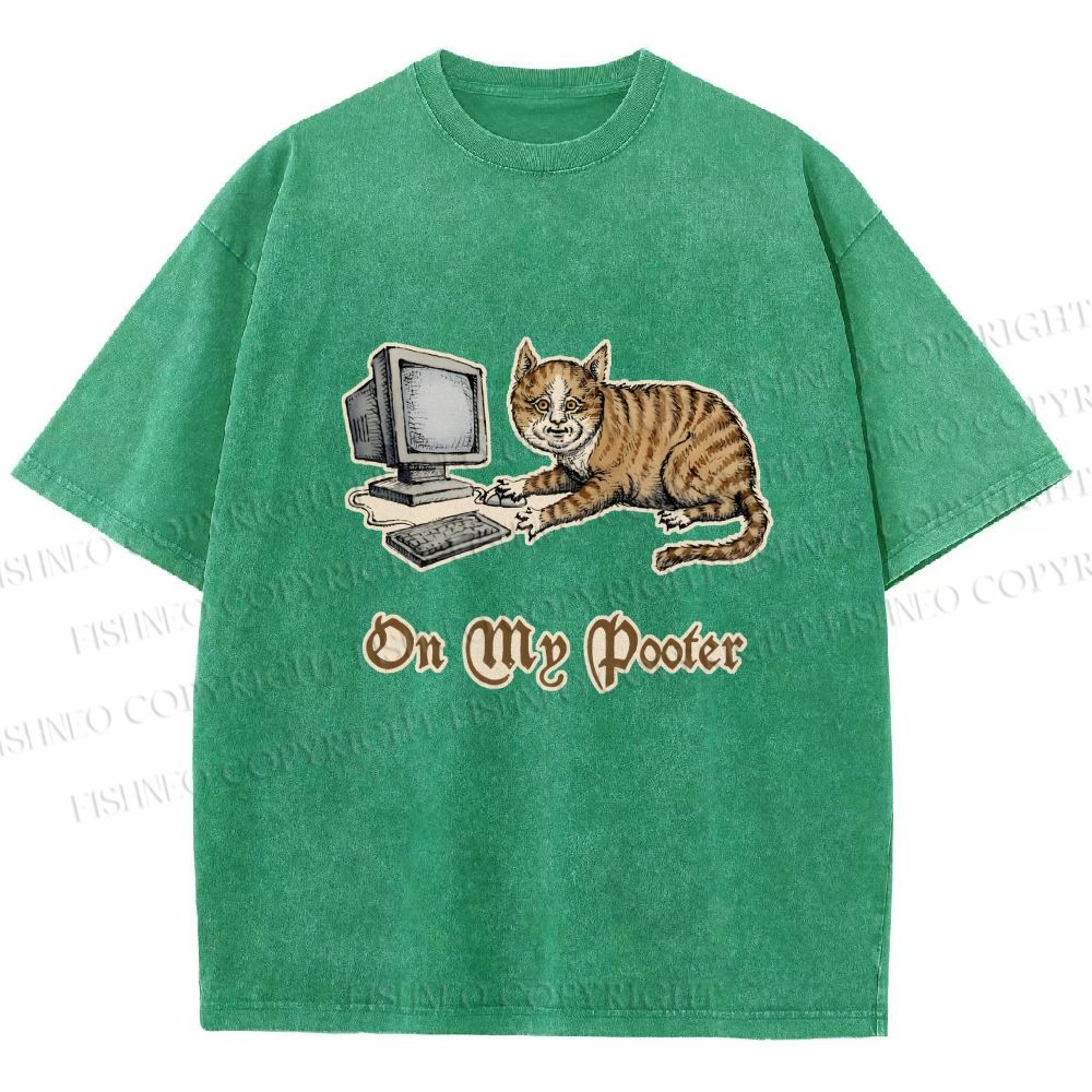 Unisex Cat On Pooter Printed Washed Tee