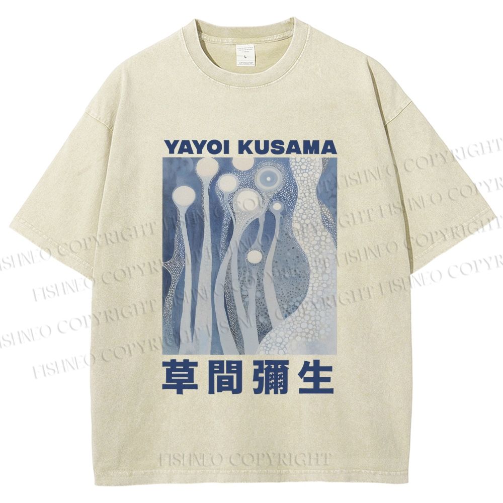 Unisex Yayoi Kusama Blue Graffiti Printed Washed Tee
