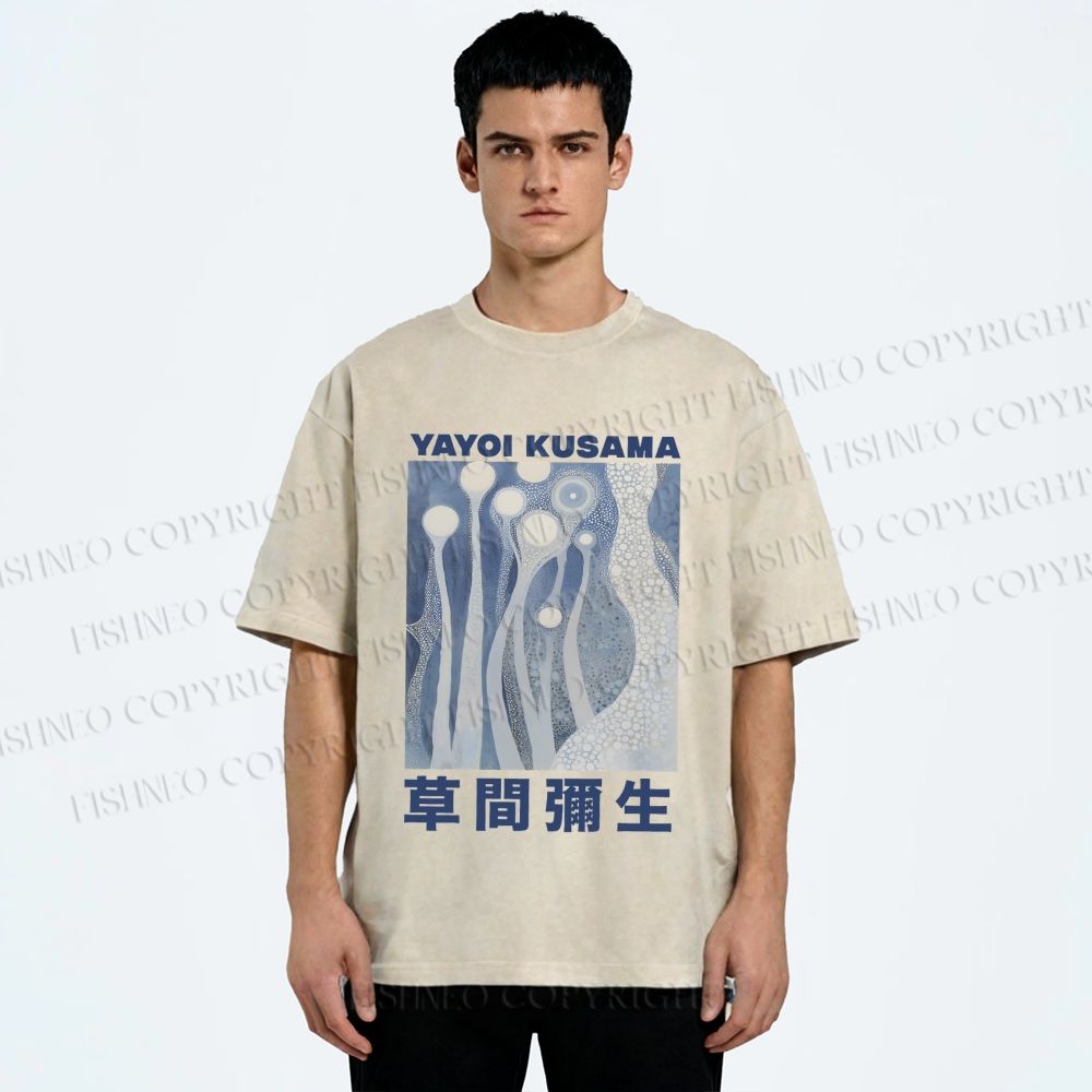 Unisex Yayoi Kusama Blue Graffiti Printed Washed Tee