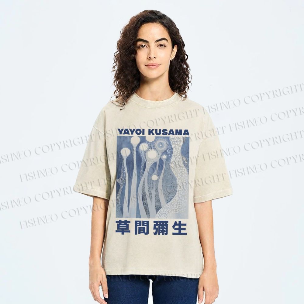 Unisex Yayoi Kusama Blue Graffiti Printed Washed Tee