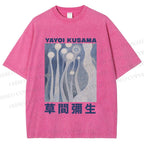 Unisex Yayoi Kusama Blue Graffiti Printed Washed Tee