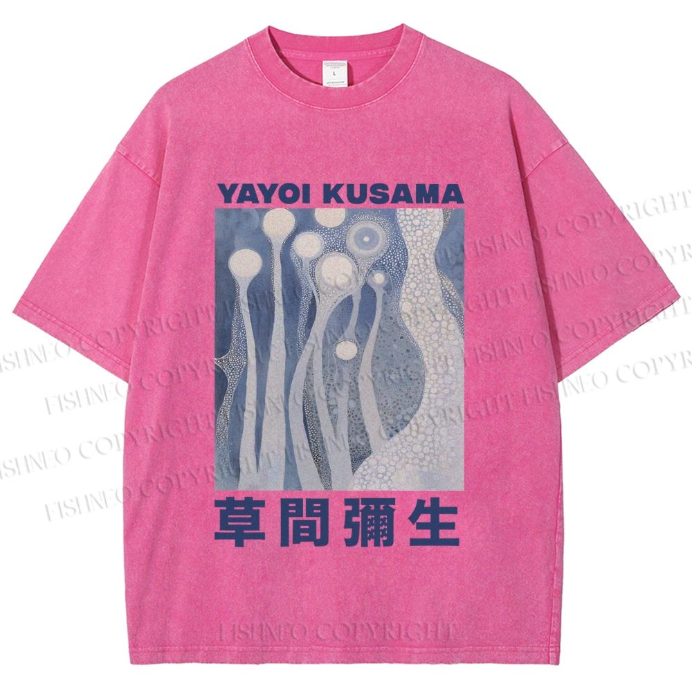 Unisex Yayoi Kusama Blue Graffiti Printed Washed Tee