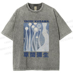 Unisex Yayoi Kusama Blue Graffiti Printed Washed Tee