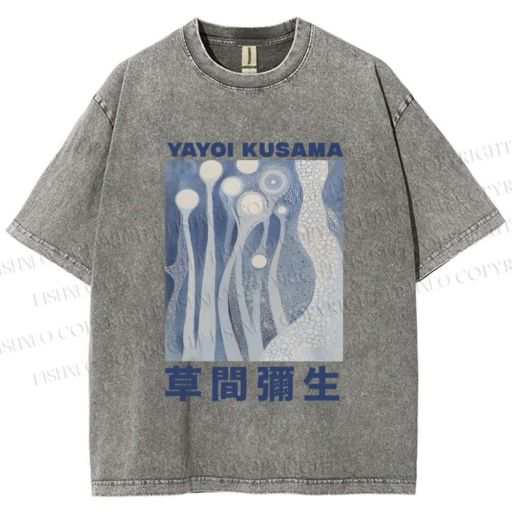 Unisex Yayoi Kusama Blue Graffiti Printed Washed Tee
