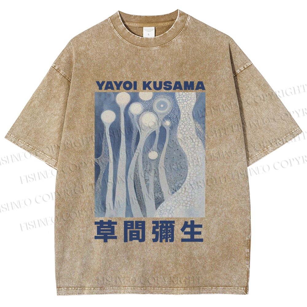 Unisex Yayoi Kusama Blue Graffiti Printed Washed Tee