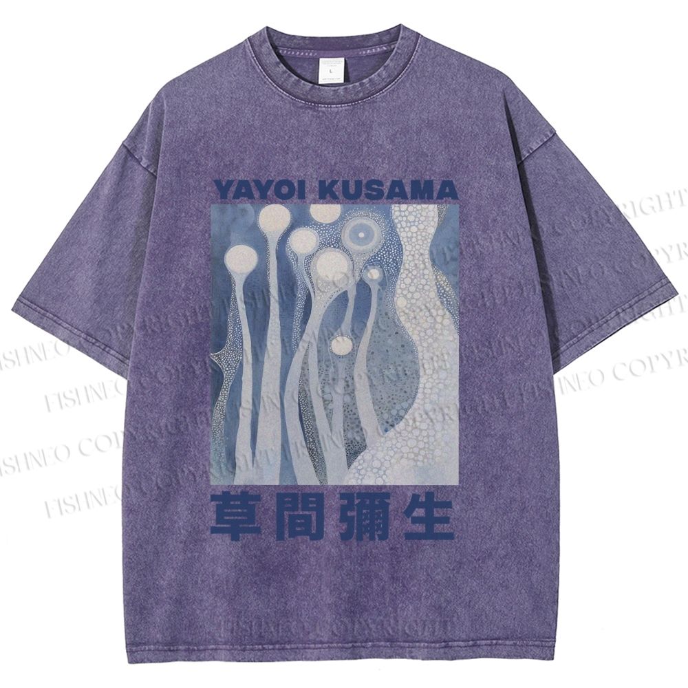 Unisex Yayoi Kusama Blue Graffiti Printed Washed Tee