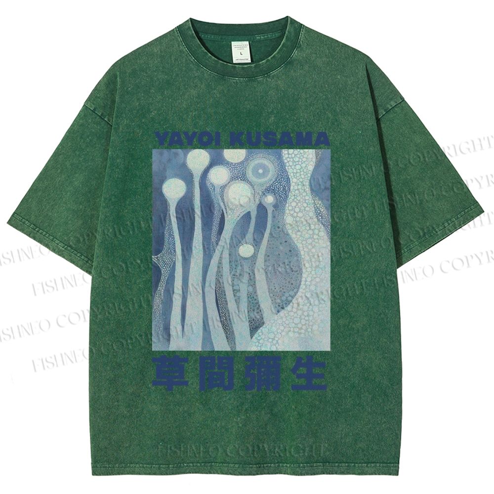 Unisex Yayoi Kusama Blue Graffiti Printed Washed Tee