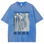 Unisex Yayoi Kusama Blue Graffiti Printed Washed Tee