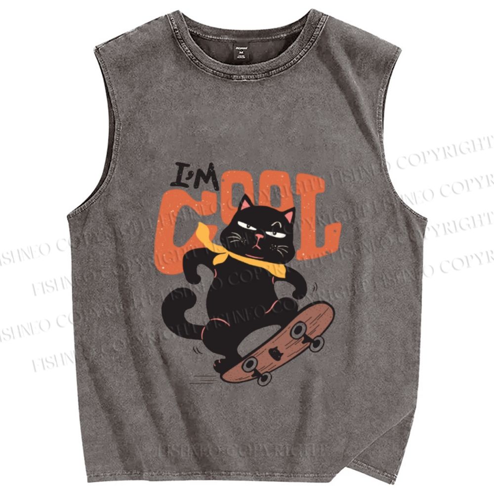 Unisex I’m Cool Skateboarding Black Cat Printed Washed Tank Top