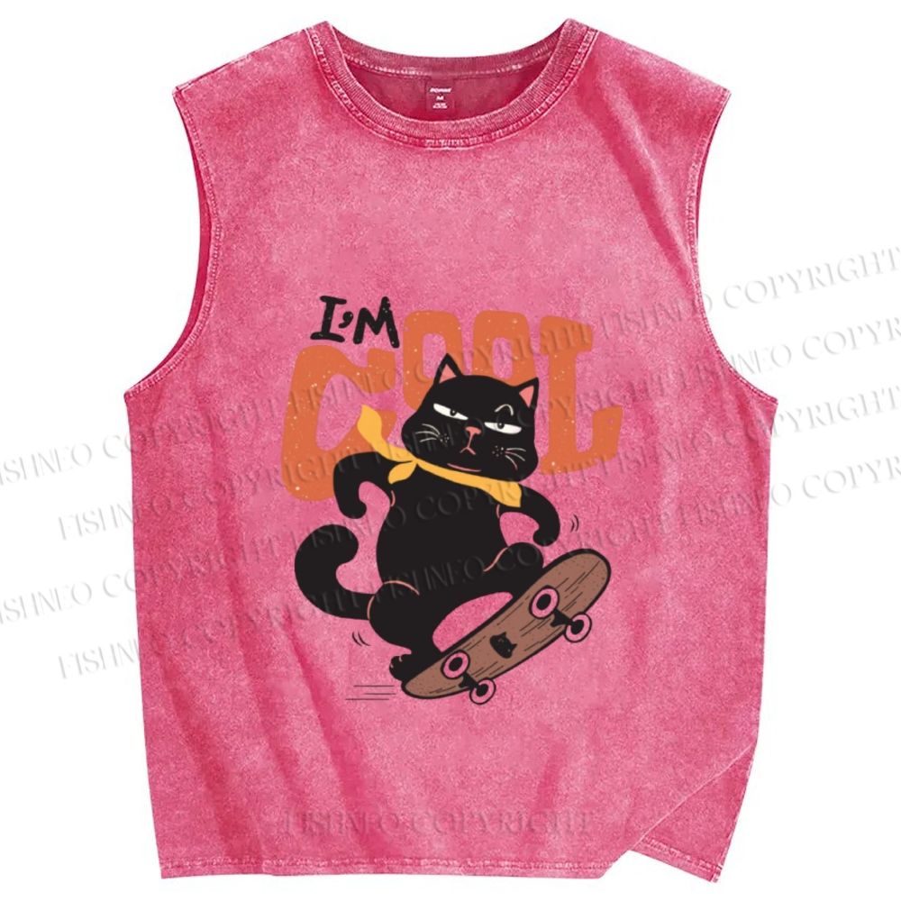 Unisex I’m Cool Skateboarding Black Cat Printed Washed Tank Top