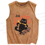 Unisex I’m Cool Skateboarding Black Cat Printed Washed Tank Top