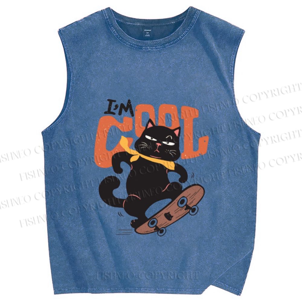 Unisex I’m Cool Skateboarding Black Cat Printed Washed Tank Top
