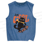 Unisex I’m Cool Skateboarding Black Cat Printed Washed Tank Top