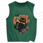 Unisex I’m Cool Skateboarding Black Cat Printed Washed Tank Top